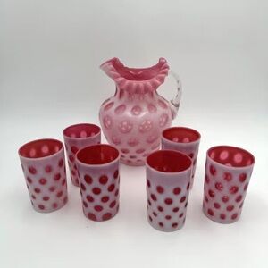 Fenton Pink and Red Hobnail Pitcher Set